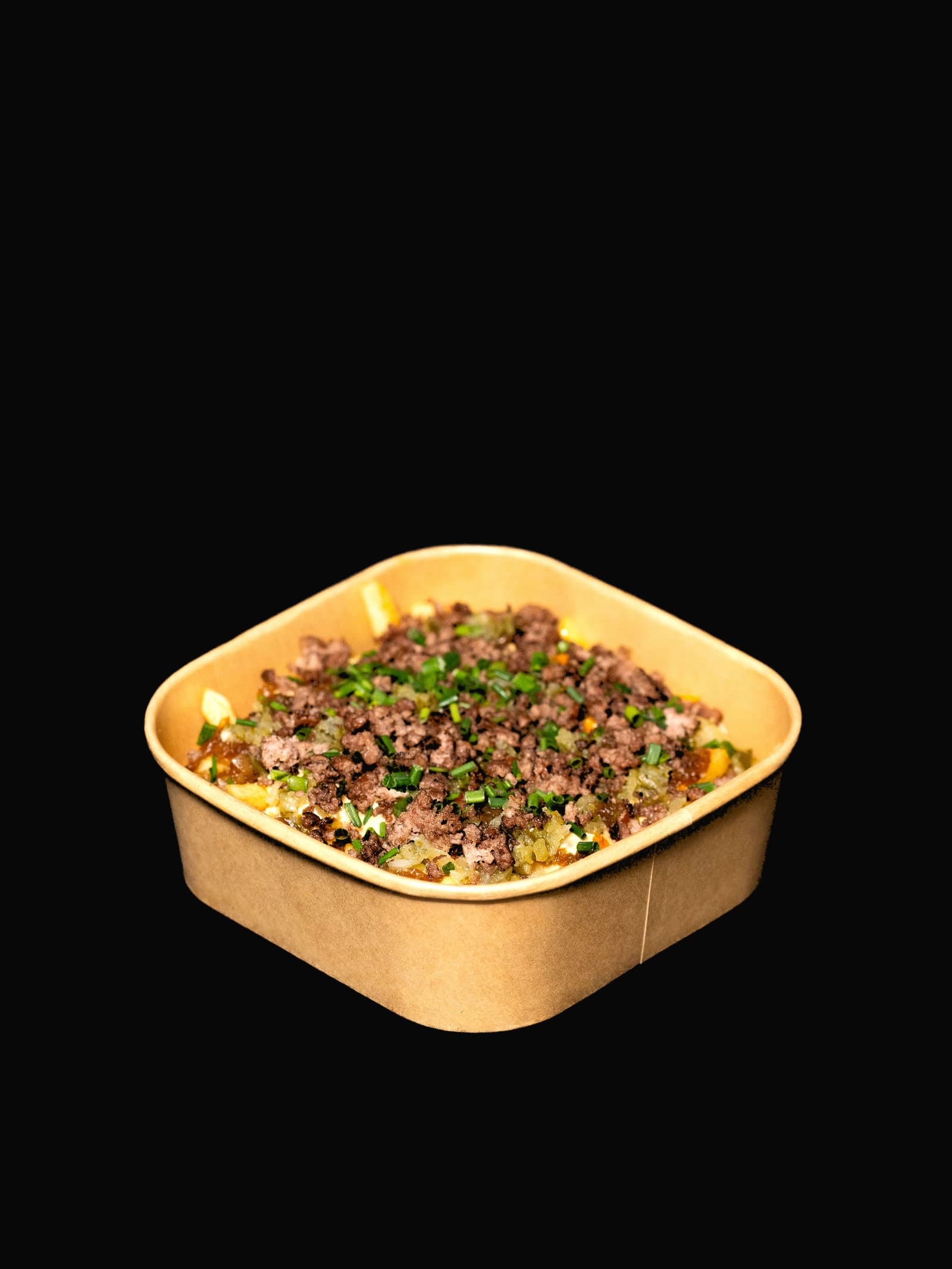 Loaded Bro Fries — Hand-cut fries buried under smashed beef, melted cheese, pickled onion and spring onion. Bring a fork.